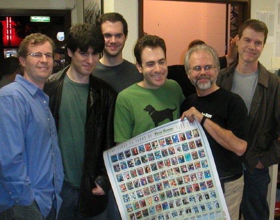 From left to right: Tim Curran, Alexander Kaplan, Jonathan Kaplan, Lukas Kendall, Joe Sikoryak and Jeff Bond at the FSM Culver City office closing party, 2005