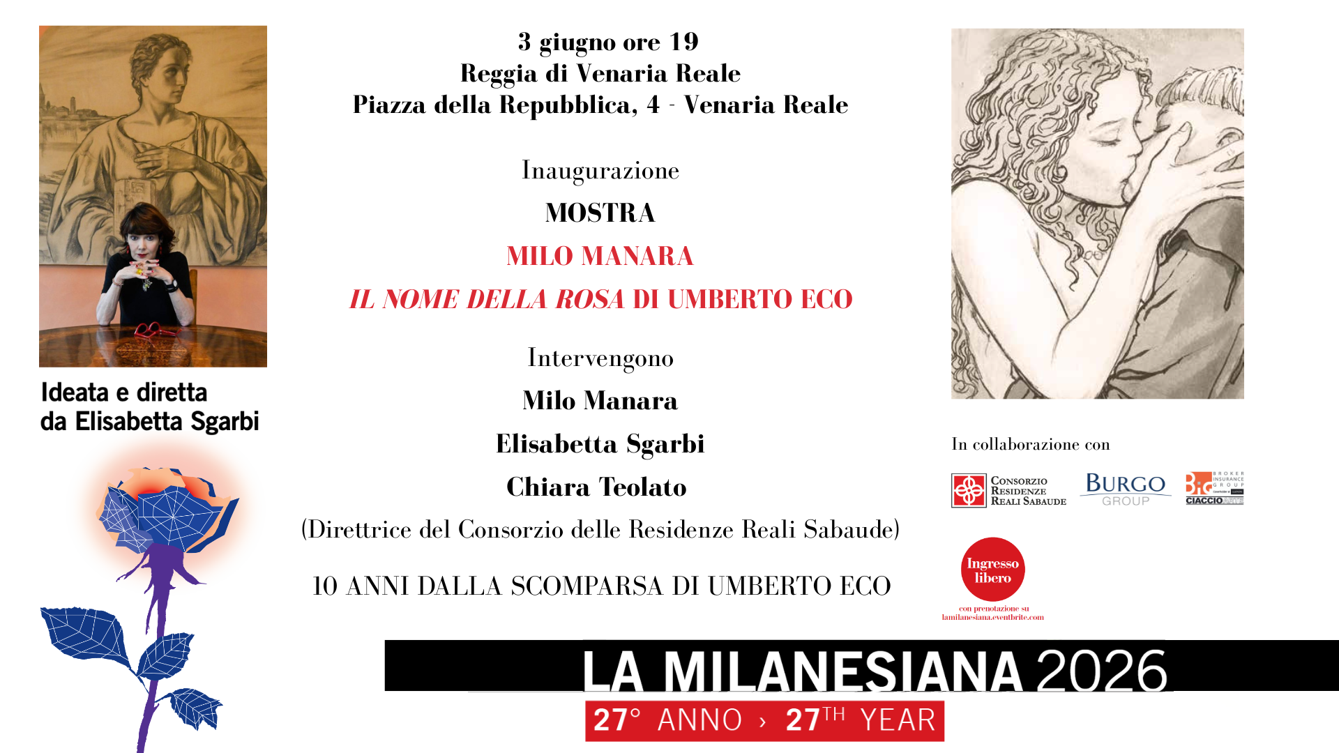 ColonneSonore.Net Locandina 3 giugno ore 19 Mostra Venaria Reale inaugurazione mostra Milo Manara